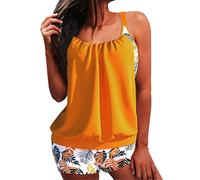 Lazzboy Tankini Damen Bauchweg Blumendruck Tankinis Oberteile Bikinihosen Badeanzug Frau Zweiteilig Bademode Badeanzüge Mit Hotpants Hoher Taille Badebekleidung (Gelb,3XL)