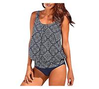 Lazzboy Tankini Damen Blumendruck/streifendruck Bauchweg Bedruckter Badeanzug Zweiteiler Bikini Sets Push Up Swimsuit Gepolsterte Bademode Beachwear Frauen Badeanzüge S-2XL (Grau,XL)