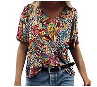 Lazzboy Tops Damen Sommer Bedruckte Kurzarm T-Shirt Oberteile Blusen V-Ausschnitte Loose Shirt Retro Frauen Bluse Bedruckt Asymmetrisch Top Tunika S-3XL (A13-Weinrot,3XL)