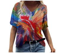 Lazzboy Tops Damen Sommer Bedruckte Kurzarm T-Shirt Oberteile Blusen V-Ausschnitte Loose Shirt Retro Frauen Bluse Bedruckt Asymmetrisch Top Tunika S-3XL (A13-Rot,3XL)