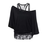 Lazzboy Tops Frauen Plus Size Lace Loose Casual Langarm Bluse Shirt Damen Fledermaus Batwing Tunika T-Shirt Top Kurzarm Rundkragen Sommer Fit Blusen & Tuniken (Schwarz,XL)