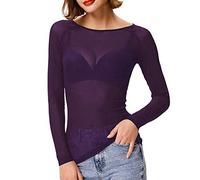 Lazzboy Tops Solide Durchsichtige Damen Langarm Nahtlose Armformer Top Mesh Shirt Bluse Leichtes Transparent Tüll Body T-Shirt Tunika Multicolor(Lila,L)