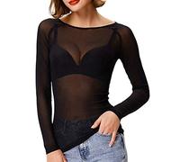 Lazzboy Tops Solide Durchsichtige Damen Langarm Nahtlose Armformer Top Mesh Shirt Bluse Leichtes Transparent Tüll Body T-Shirt Tunika Multicolor(Schwarz,2XL)
