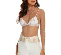 Lazzboy Tops Solide Durchsichtige Damen Langarm Nahtlose Armformer Top Mesh Shirt Bluse Leichtes Transparent Tüll Body T-Shirt Tunika Multicolor (X-Mesh-Beige,XL)