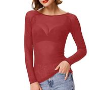 Lazzboy Tops Solide Durchsichtige Damen Langarm Nahtlose Armformer Top Mesh Shirt Bluse Leichtes Transparent Tüll Body T-Shirt Tunika Multicolor(Rot,2XL)