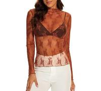 Lazzboy Tops Solide Durchsichtige Damen Langarm Nahtlose Armformer Top Mesh Shirt Bluse Leichtes Transparent Tüll Body T-Shirt Tunika Multicolor (X-Mesh-Braun,M)