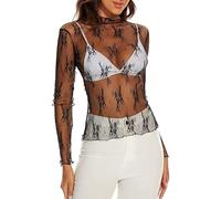 Lazzboy Tops Solide Durchsichtige Damen Langarm Nahtlose Armformer Top Mesh Shirt Bluse Leichtes Transparent Tüll Body T-Shirt Tunika Multicolor (X-Mesh-Schwarz,S)