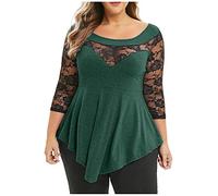 Lazzboy Tshirt Damen Plus Size Solid Frauen Floral Lace O-Ausschnitt Asymmetrische Tops Bluse T-Shirt V-Ausschnitt Knopfleiste Solide Tunika Langam/ärmellos/Kurzarm (Grün,4XL)