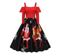 Lazzboy Weihnachtskleid Damen Chulterfrei Vintage Elegant 50er Sexy Lustig Langarm A-Linie Party Cocktail Kleid Cocktailkleider Knielang Partykleid Festlich Kleider Abendkleider (Schwarz,L)