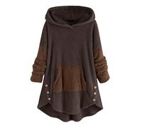 Lazzboy Winterjacken Frauen Fleece Patchwork Plüsch Knopf Saum Plus Size Hoodie Top Pullover Bluse Damen Fleecemantel Warme Button Mantel Plüschjacke Kapuzenpullover(Kaffee,5XL)