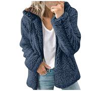 Lazzboy Wintermantel Damen Einfarbig Frauen Kapuze Plüsch Jacken Reißverschluss Cardigan Mantel Teddy-Fleece Faux Wolle Outwear Warm Mit Taschen Parka Steetwear (Blau,3XL)