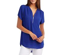 Lazzboy Womens Casual Tops Shirt Damen V-Ausschnitt Reißverschluss Lose T-Shirt Bluse Tee Top Blusen Elegante Kurzarm Tunika Oberteile(Blau,3XL)