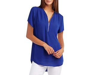 Lazzboy Womens Casual Tops Shirt Damen V-Ausschnitt Reißverschluss Lose T-Shirt Bluse Tee Top Blusen Elegante Kurzarm Tunika Oberteile(Blau,3XL)
