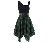 Lazzboy's Kleid Plaid Print Frauen ärmellose kalte Schulter Kreuz Lace Up unregelmäßigen (Grün,L)