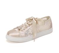 LBRYVTCE Damen-Flache Schuhe für Hochzeiten & Besondere Anlässe - Komfortable Ballerinas mit Runde Spitze in Elfenbein, aus Satin, Schnürbar für Damen,Champagne,40