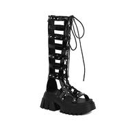 LCARY Damen-Sandalen, offene Stiefel mit Ausschnitten, Kniehohe Stiefel mit Nieten, Schwarze Gothic-Plateauschuhe aus Lackleder mit klobigem Absatz, Punk-Rock-Stiefeletten,Blackb,43