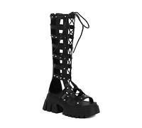 LCARY Damen-Sandalen, offene Stiefel mit Ausschnitten, Kniehohe Stiefel mit Nieten, Schwarze Gothic-Plateauschuhe aus Lackleder mit klobigem Absatz, Punk-Rock-Stiefeletten,Blacka,40