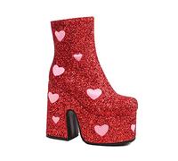 LCARY Mode Frauen Goth Schuhe Plattform, Punk Rock Stiefeletten, 14 cm hohe Stiefel mit runder Zehenpartie, Modell Laufstegschuhe mit Kawaii Herzmuster und Pailletten,Rot,43