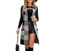 LCDIUDIU Ärmellose Strickjacke Für Damen Langer Strickpullover Weste Damenmantel Vintage-Karo-Schalkragen Blazer Strickweste Elegant Karierter Jacquard-Pullover Ärmellos Herbst Und Winter Schwarz S