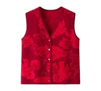 LCDIUDIU Ärmellose Strickweste Für Damen Aus Wolle, Roter V Ausschnitt, Strickjacke mit Knöpfen, Koi Fisch Lotus Motiv, Herbst Winter, Warm, Elegant, Kurzes Strickoberteil, Rot, Xs