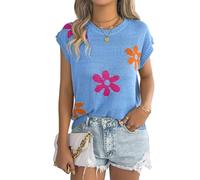 LCDIUDIU Ärmelloses Damen Stricktop, Beige, Rundhalsausschnitt, Geblümte Pulloverweste, Kurze Ärmel, Leichte Strickweste, Lockere Sommerbluse Für Strand Und Freizeit, Blau, XL