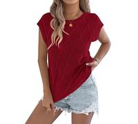 LCDIUDIU Ärmelloses Damen Stricktop, Beige, Rundhalsausschnitt, Rautenmuster, Strickweste mit Kurzen Ärmeln, Leichtes Stricktop, Lockere Sommerbluse Für Strandurlaub, Dunkelrot, XL