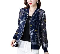 LCDIUDIU Baseball Jacke Damen,Durchsichtige Leichte Sommerjacken Aus Chiffon Für Damen,Bomberjacke,Retro Marineblau Mit Floralem Pflanzendruck,Reißverschluss,Lange Ärmel,Transparente Fliegerjacke