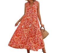 LCDIUDIU Boho Maxikleid für Damen mit Batikmuster, Stufenrock, Ärmellos, Vorne Gebunden, V Ausschnitt, Fließender A Linie, Lässiges Sommerkleid für Strandurlaub, Reisen und Partys, Orange, Größe M