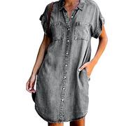 LCDIUDIU Damen Kleid,Damen-Jeanskleid Vintage-Waschung Verblasst Kurzärmlig Revers Knopfleiste Lässig Lockeres Hemdkleid Mit Tasche Sommer-Jeans-Etuikleid Midi-Kleider Für Damen Und Mädchen Grau M