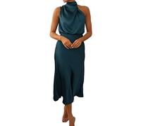 LCDIUDIU Damen Kleider Sommer,Damen-Midikleider Aus Satin, Elegant, Fest, Neckholder, Ärmellos, Sommermode, A-Linie, Fließende Swing-Sommerkleider, Party-Cocktail, Sexy Maxikleider Mit Reißverschluss