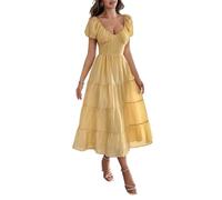 LCDIUDIU Damen Maxikleid mit Kurzen Puffärmeln,Stufenrock,Herzausschnitt,Sexy Rückenfreiem Schnitt,Fließender A Linien Schnitt Und Strukturmuster Lässiges,Langes Sommerkleid für Strandurlaub U