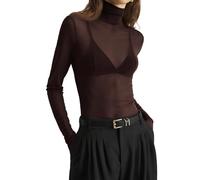 LCDIUDIU Damen Mesh Transparent Crop Top Langarm T Shirt, Schwarz Einfarbig Rollkragen Durchsichtige Tunika Stretch Bluse Mode Slim Fit Sexy Party Club Basic Base Shirt Braun XL