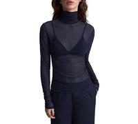 LCDIUDIU Damen Mesh Transparent Crop Top Langarm T Shirt, Schwarz Einfarbig Rollkragen Durchsichtige Tunika Stretch Bluse Mode Slim Fit Sexy Party Club Basic Basisshirt Marineblau L
