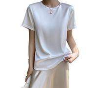 LCDIUDIU Damen Shirt,Damen Sommerhemd T-Shirts Oberteile Roter Seidensatin Fester Rundhalsausschnitt Basic T-Shirt Elegante Tunika Blusen Sexy Charme Kurzarm Lässige Dünne T-Shirts,Weiß,L