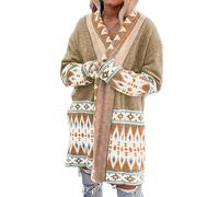 LCDIUDIU Damen Strickjacke, Langer Grobstrick-Pullover, Wolle, Strickmantel, Azteken-Ethno-Druck, Lange Ärmel, V-Ausschnitt, Cardigan, Verdickte Strick-Oberbekleidung, Weich, Khaki