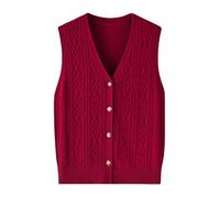 LCDIUDIU Damen Strickweste Aus Wolle, Ärmellos, Kamelhaar, V Ausschnitt, Strickjacke mit Knöpfen, Keltisches Muster, Elegant, Warm, Herbst Winter, Dunkelrot, Xs