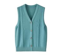 LCDIUDIU Damen Strickweste Aus Wolle, Ärmellose Strickjacke mit V Ausschnitt Und Knöpfen In Kamelhaar, Strickweste mit Gedrehtem Rautenmuster, Herbst Winter, Lässig, Warm, Kurz, Blau, Größe Xs