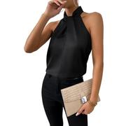 LCDIUDIU Damen Tanktop Aus Seidensatin mit Neckholder und Knöpfen, Weiß, Ärmellose Weste mit Twist Detail Vorne, Schulterfrei, Figurbetont, Elegant, Sommer Tunika, Schmal Geschnitten, für Arbeit