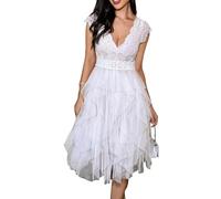 LCDIUDIU Elegantes, Gestuftes Maxikleid Aus Spitze Und Tüll für Damen mit Kurzen Ärmeln, Tiefem V Ausschnitt, Sexy Rückenfreiem Design, Asymmetrischem, Mehrlagigem Mesh Einsatz In A Linie Und FL