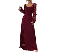 LCDIUDIU Elegantes,Transparentes Maxikleid Aus Mesh mit 3D Blumenmuster,Langen Ärmeln,Herzausschnitt,Raffungen,Hohem Schlitz Und Figurbetonter Silhouette Ideal für Hochzeiten,Cocktailpartys,Absch
