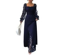 LCDIUDIU Elegantes,Transparentes Maxikleid Aus Mesh mit 3D Blumenmuster,Langen Ärmeln,Herzförmigem Ausschnitt,Raffungen Und Hohem Schlitz Ideal für Hochzeiten,Cocktailpartys Und Abschlussbälle.