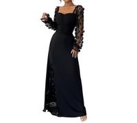 LCDIUDIU Elegantes,Transparentes Maxikleid Aus Mesh mit 3D Blumenmuster,Langen Ärmeln,Herzförmigem Ausschnitt,Raffungen Und Hohem Beinschlitz Perfekt für Hochzeiten,Cocktailpartys Und Abschlussb