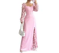 LCDIUDIU Elegantes,Transparentes Maxikleid Aus Mesh mit 3D Blumenmuster,Langen Ärmeln,Herzförmigem Ausschnitt,Raffungen Und Hohem Beinschlitz Perfekt für Hochzeiten,Cocktailpartys Und Abschlussb