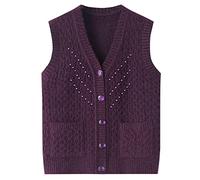 LCDIUDIU Gestrickte Weste Tops Für Damen Mittleren Alters Und Ältere Menschen,Retro Lila V Ausschnitt,Perlen Strickjacke,Westen,Lässige Alte Dame,Oma,Mutter,Ärmellose Pullover,Tank Top,M