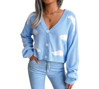 LCDIUDIU Kurzer Damen-Cardigan Fashion Clouds Grafische Strick-Cardigans Mit Knöpfen Damen-Pullover Mit V-Ausschnitt Mantel Herbst Und Winter Strickjacke Kurze Warme Strickpullover Tops Hellblau M