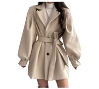 LCDIUDIU Kurzer Damen Trenchjackenmantel Aus Wollmischung Für Den Herbst Und Winter Mit Gürtel,Beige,Gekerbtes Revers,Lange Jacken Mit Puffärmeln,Lässige Mode,Oberbekleidung Mit Tasche