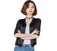 LCDIUDIU Leichte, verkürzte Satin Bomberjacke für Damen, blau, Mesh, Midi Ärmel, Baseballjacke mit Reißverschluss, Outdoor Sommer, lässige Cardigan Blouson Uni Jacken, Schwarz, L