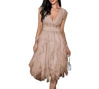 LCDIUDIU Maxikleid Aus Gestuftem Spitzentüll für Damen, Kurze Ärmel, Tiefer V Ausschnitt, Sexy Rückenfreies Cocktailkleid, Asymmetrisches, Mehrlagiges Mesh Kleid In A Linie, Fließendes Sommerkl