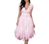 LCDIUDIU Maxikleid Aus Gestuftem Spitzentüll für Damen, Kurze Ärmel, Tiefer V Ausschnitt, Sexy Rückenfreies Cocktailkleid, Asymmetrisches, Mehrlagiges A Linien Kleid Aus Mesh, Fließendes Sommer