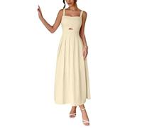 LCDIUDIU Midi Kleid für Damen,Eckiger Ausschnitt,A Linie,Sommerkleid,Sexy Rückenfrei,Mit Raffiniertem Twist Detail Vorne,Falten,Elegantem Stil,Geeignet für Büro,Cocktailparty,Hochzeit,Gast,Beige